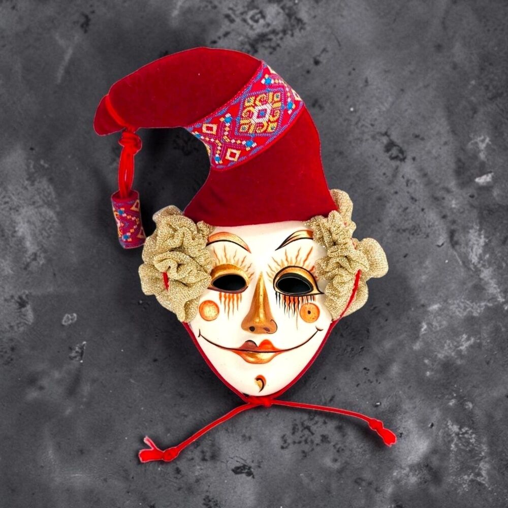 Vintage Porcelain Jester Clown Mask Red Velvet Hat Gold Trim Wall Decor Clown